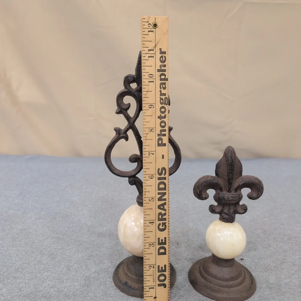 Cast Iron and Stone Fleur-de-Lis Scrollwork Finials Set of 2 Brown Cream - Picture 6 of 8